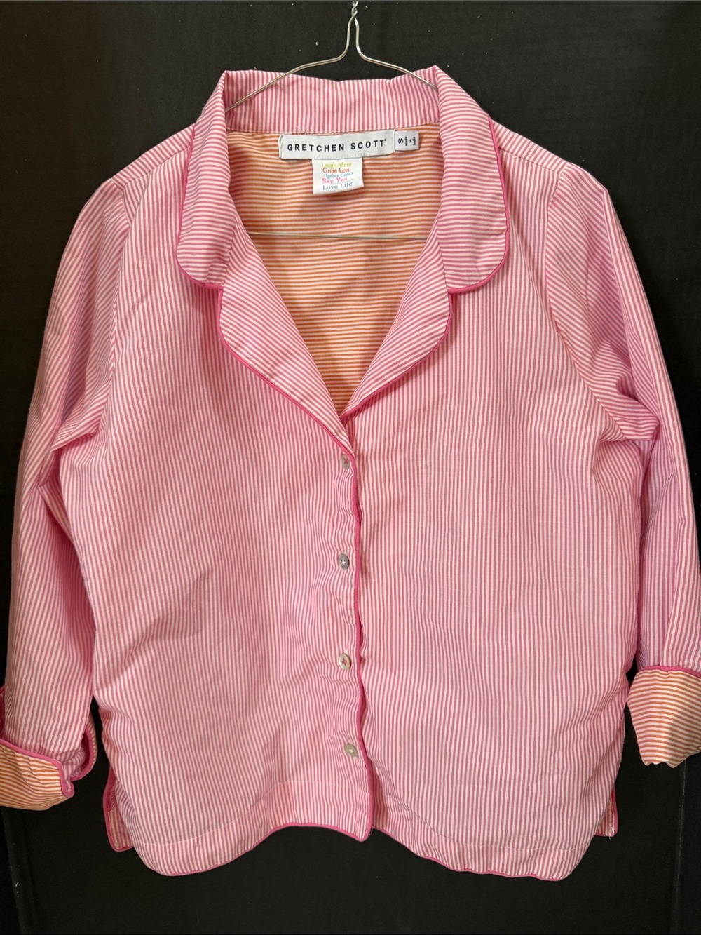 Gretchen Scott Pink Stripes Pajama Top Sz S Turnback Cuff